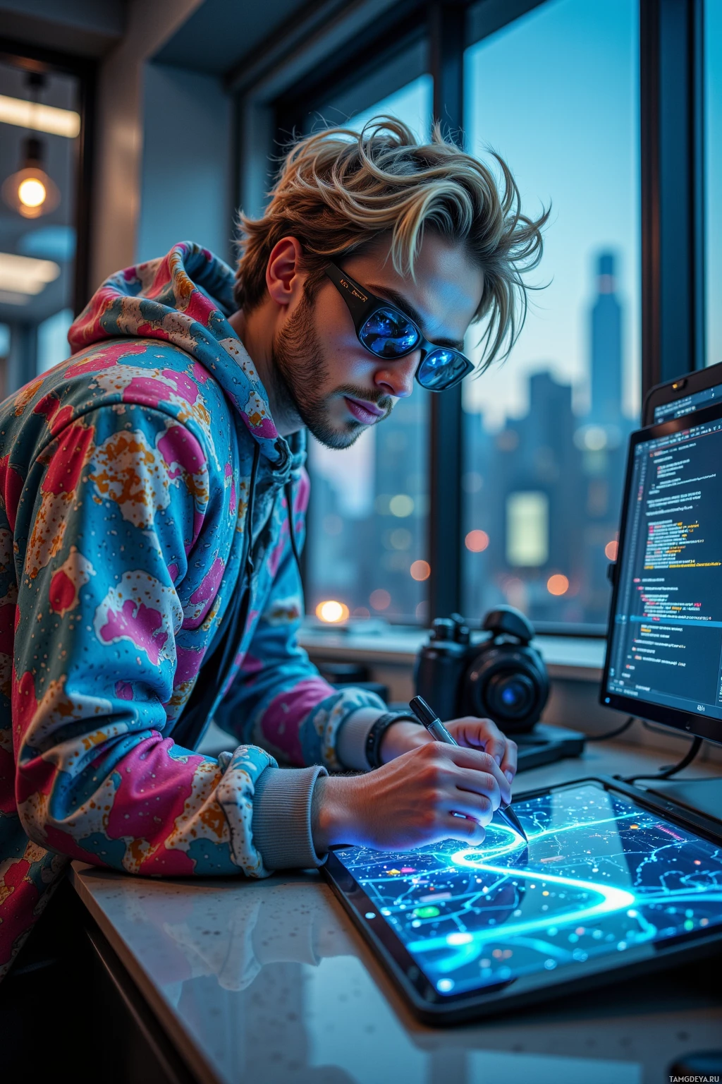 A person wearing a colorful hoodie and sunglasses is working on a digital tablet with a stylus, with a cityscape visible through the window behind them.