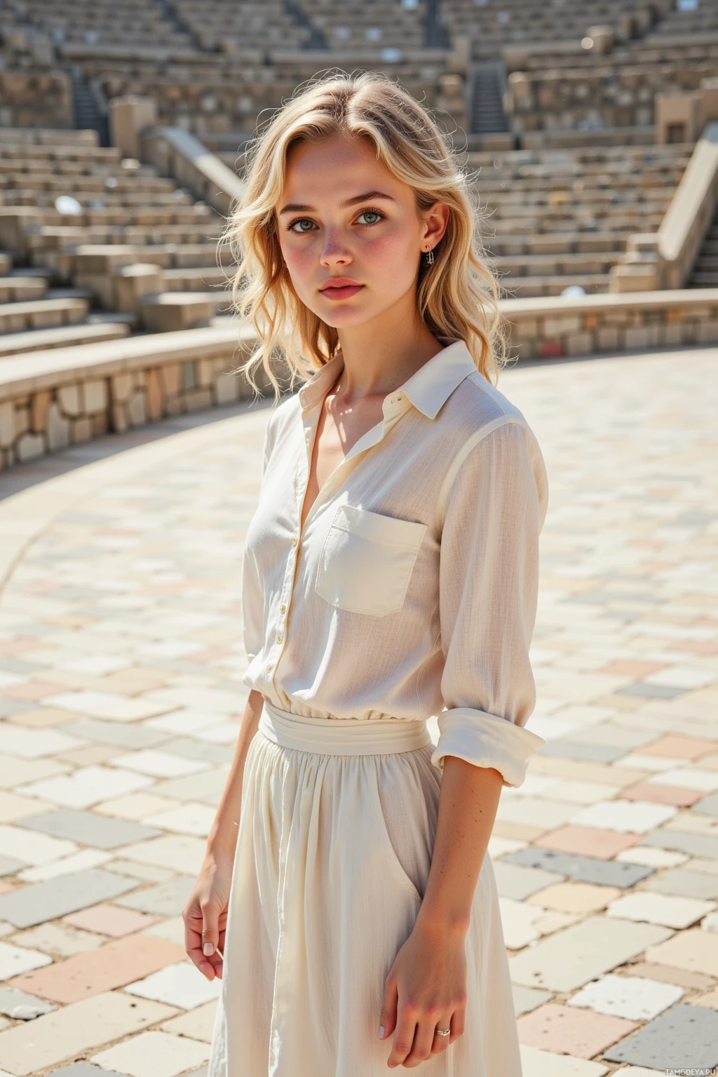 A woman stands in an outdoor amphitheater wearing a white blouse and skirt.