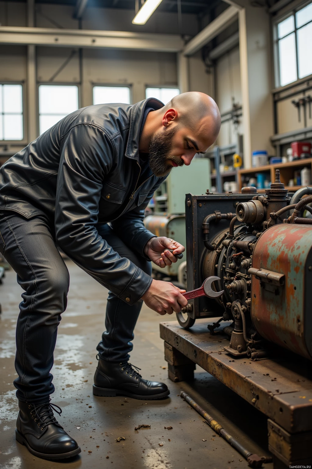 A man in a leather jacket works on a machine in a workshop.