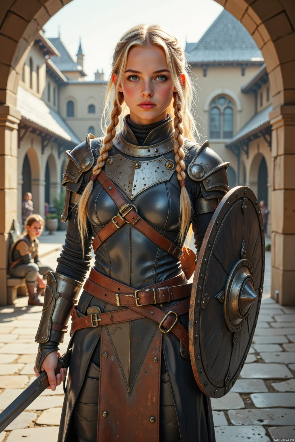 A person in medieval-style armor stands in a courtyard.