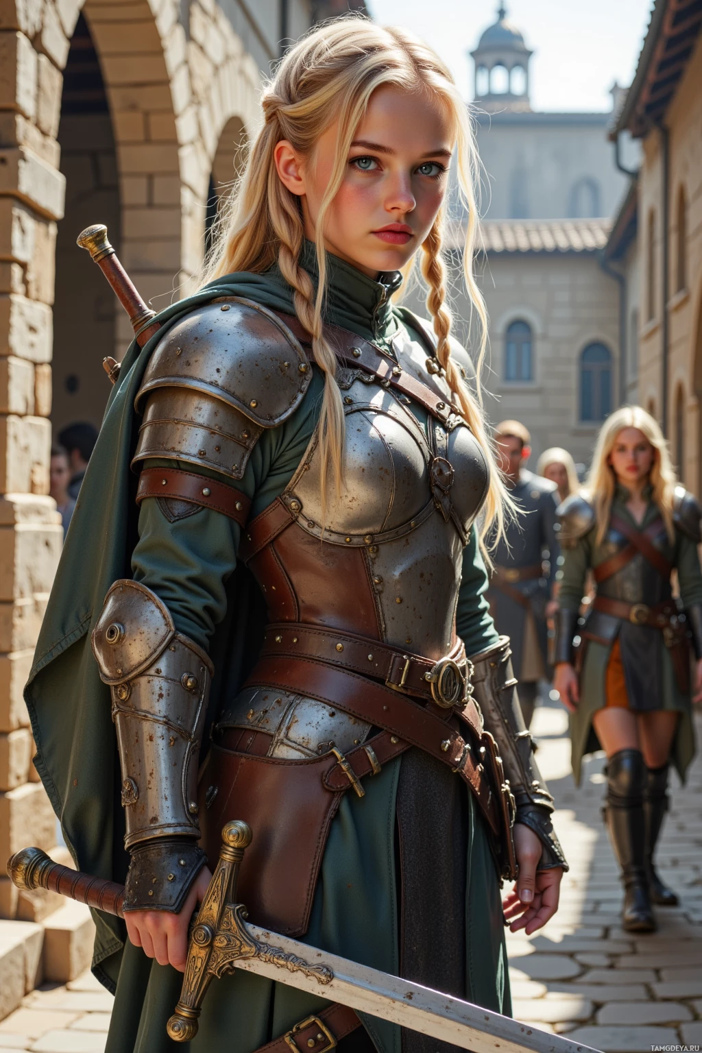 A woman in medieval armor holds a sword, standing in a cobblestone courtyard.