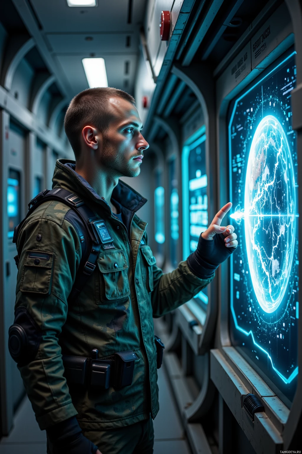 A person in a military-style uniform interacts with a futuristic display in a high-tech environment.