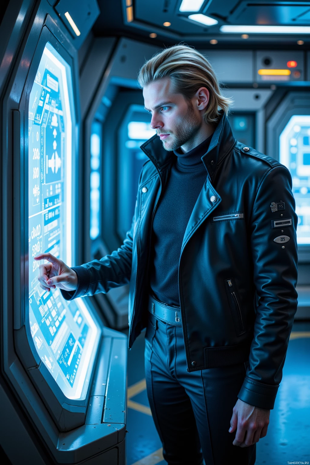 A man in a futuristic setting interacts with a high-tech interface.