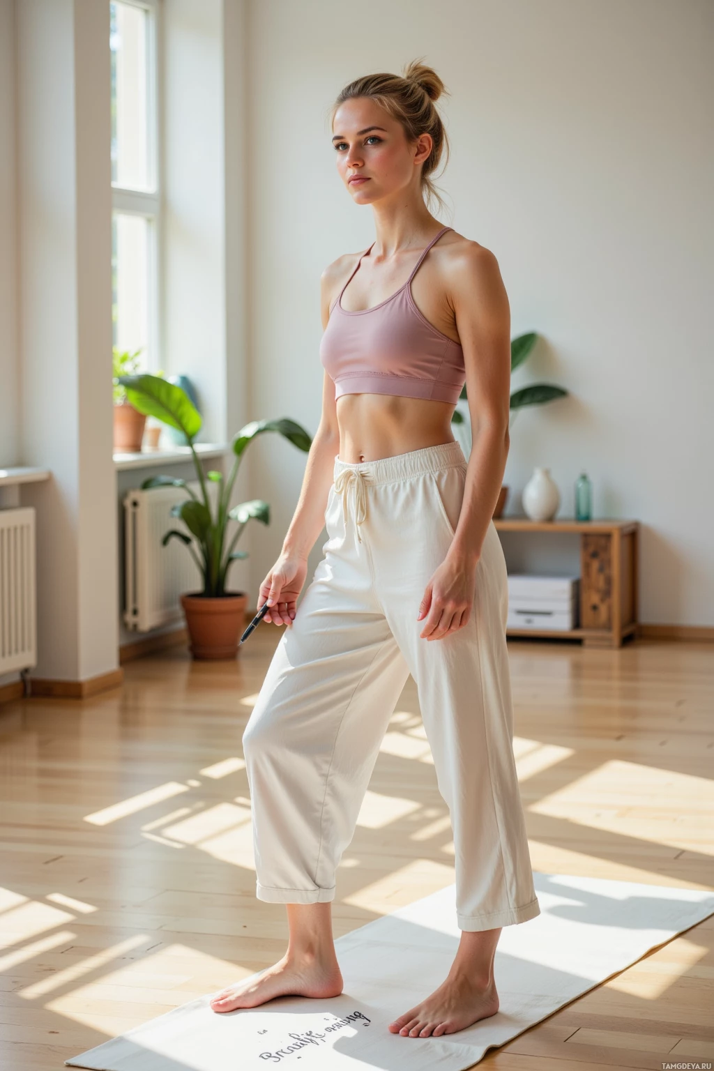 A woman stands barefoot on a yoga mat in a well-lit room.