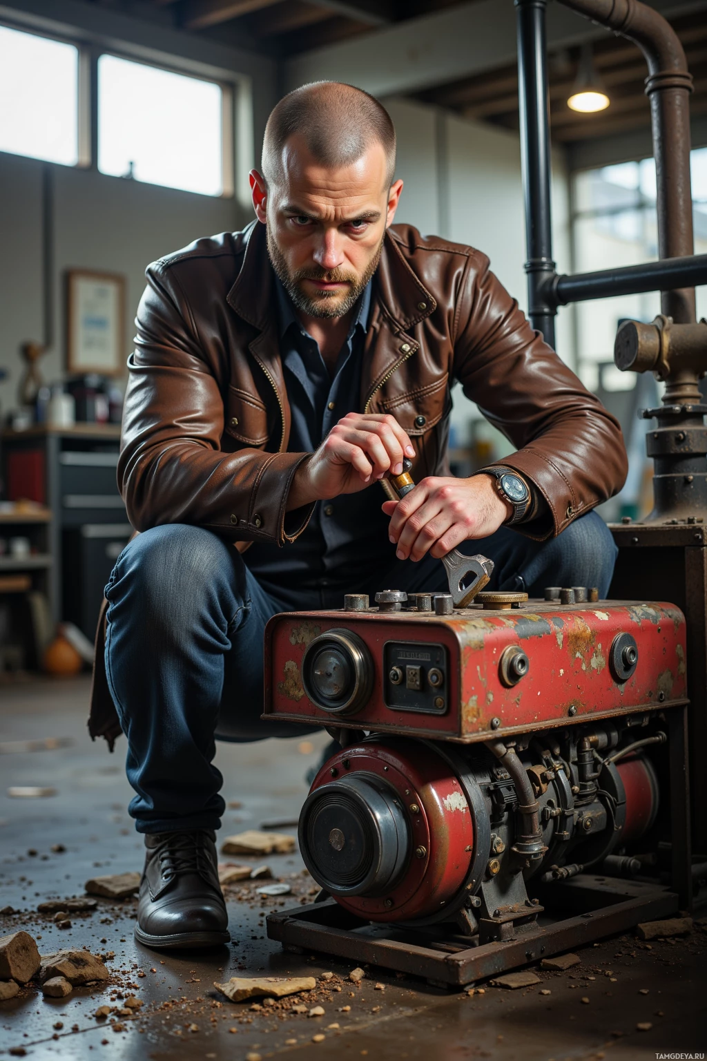 A man in a leather jacket works on a vintage engine in a workshop.