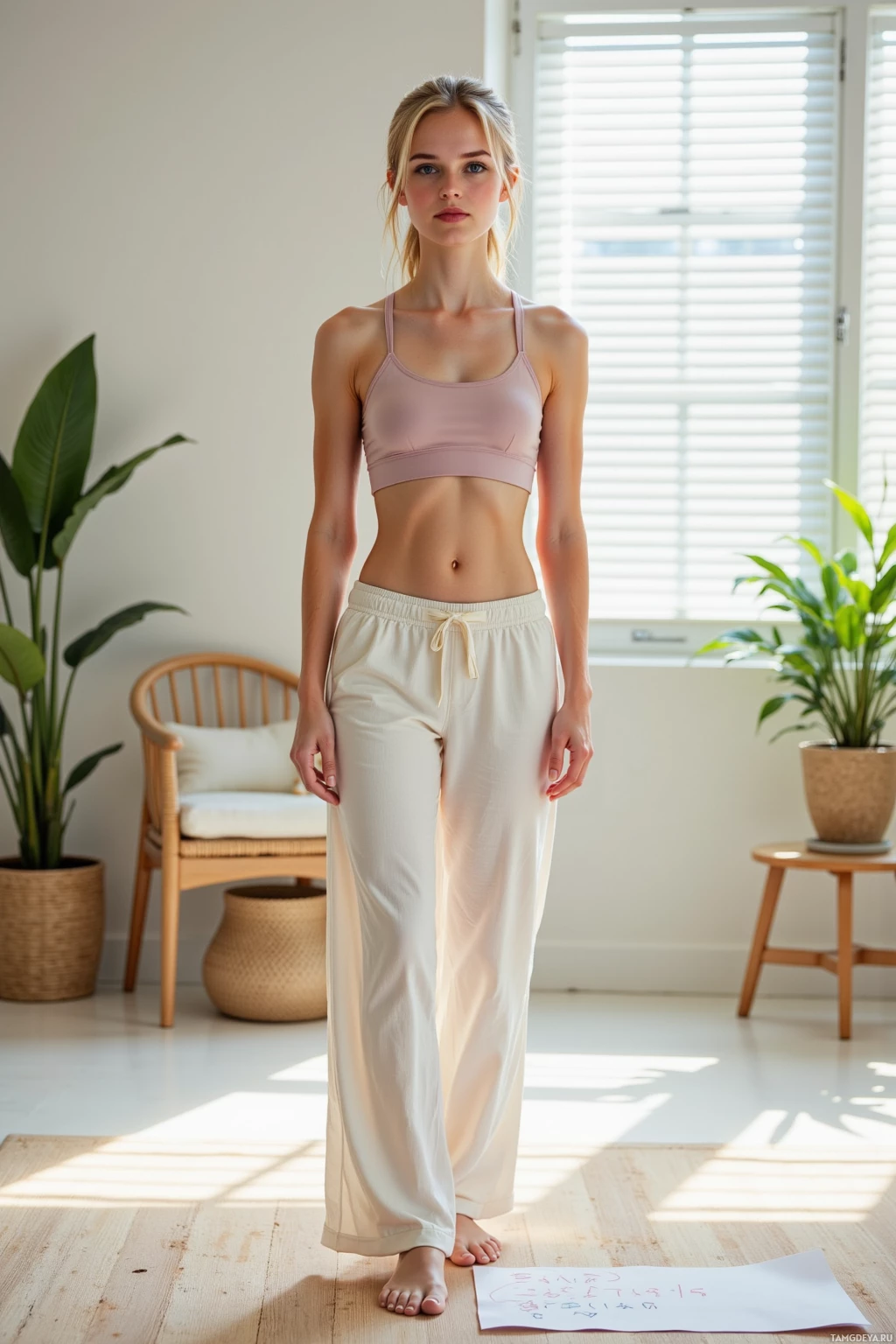 A person stands in a bright room wearing a light pink sports bra and beige pants, with a paper on the floor in front of them.