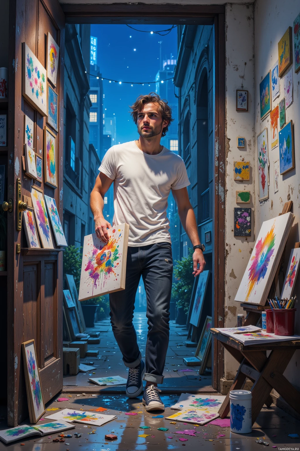 A man stands in an alleyway holding a colorful painting, surrounded by art supplies and artwork.