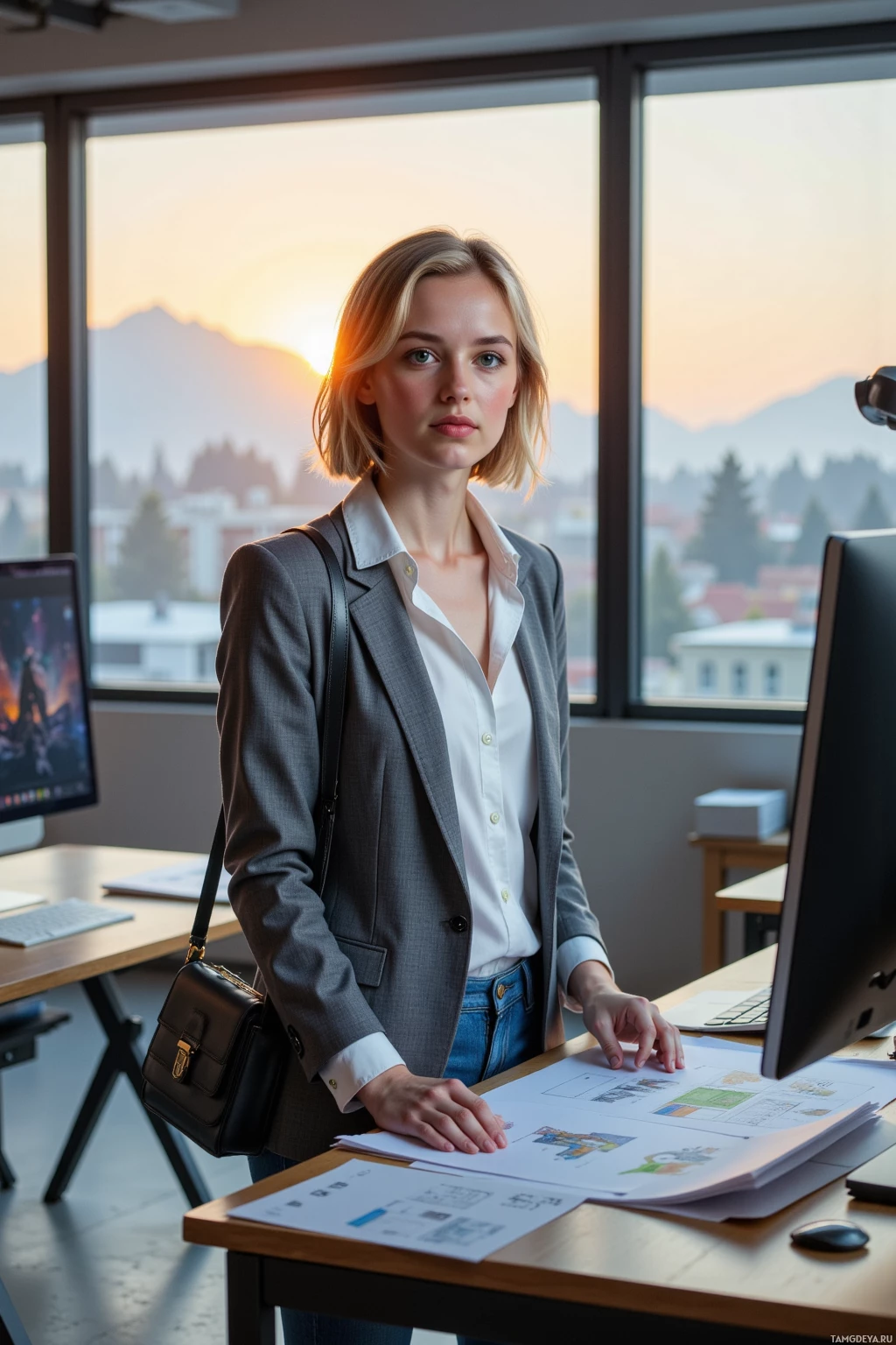 A woman in a professional setting, standing at a desk with documents and a computer, against a backdrop of a window showing a sunset.