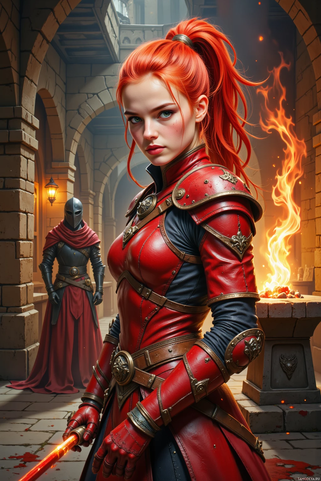 A red-haired woman in detailed red and black armor stands in a stone hallway with a knight in the background.