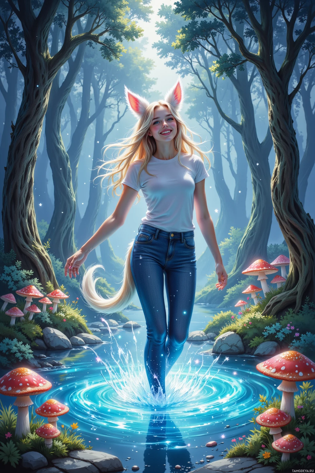 A girl with fox ears and a tail stands in a magical forest with glowing mushrooms and sparkling water.