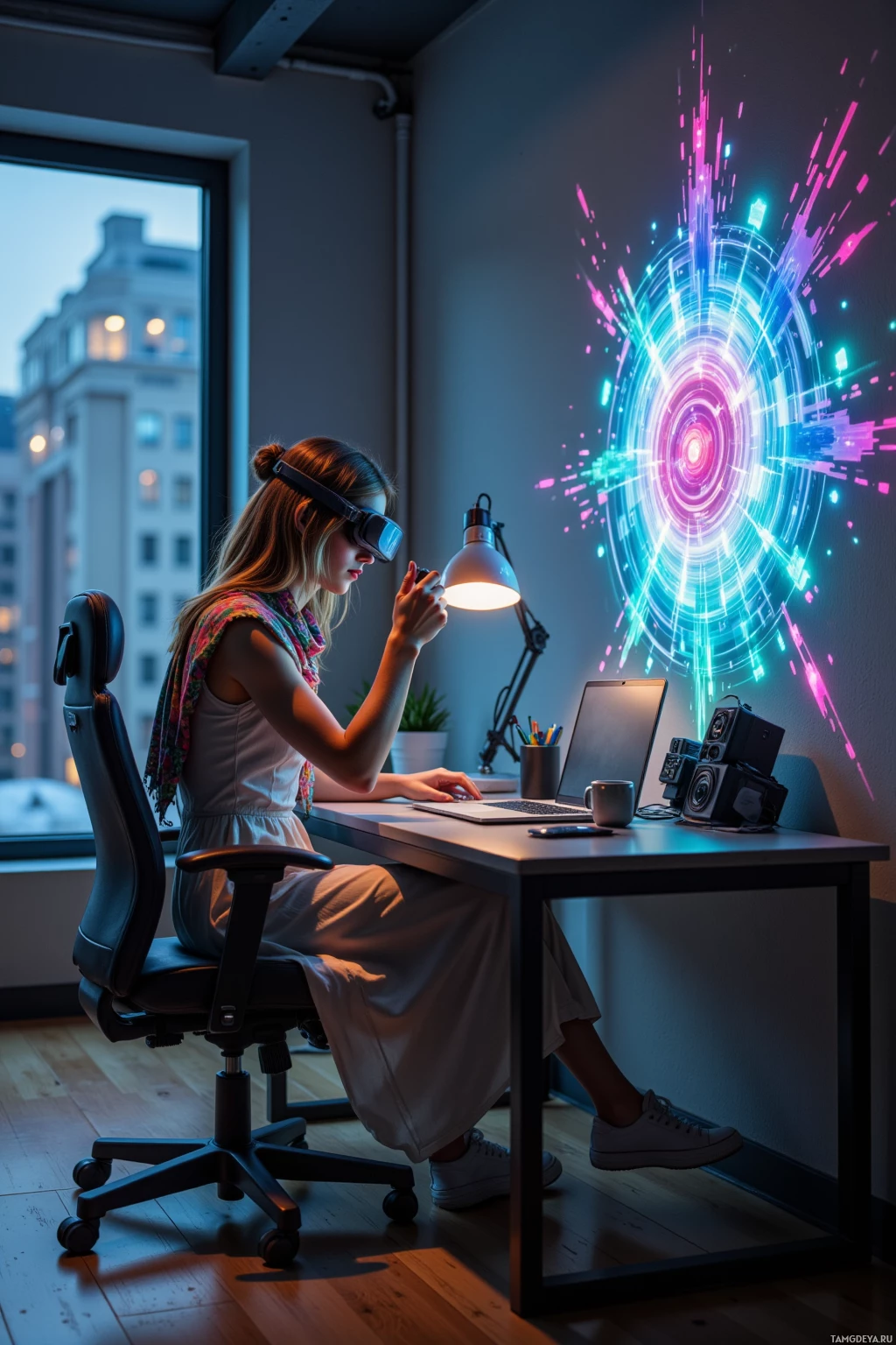 A person wearing a VR headset sits at a desk with a laptop, surrounded by a futuristic, colorful light display.