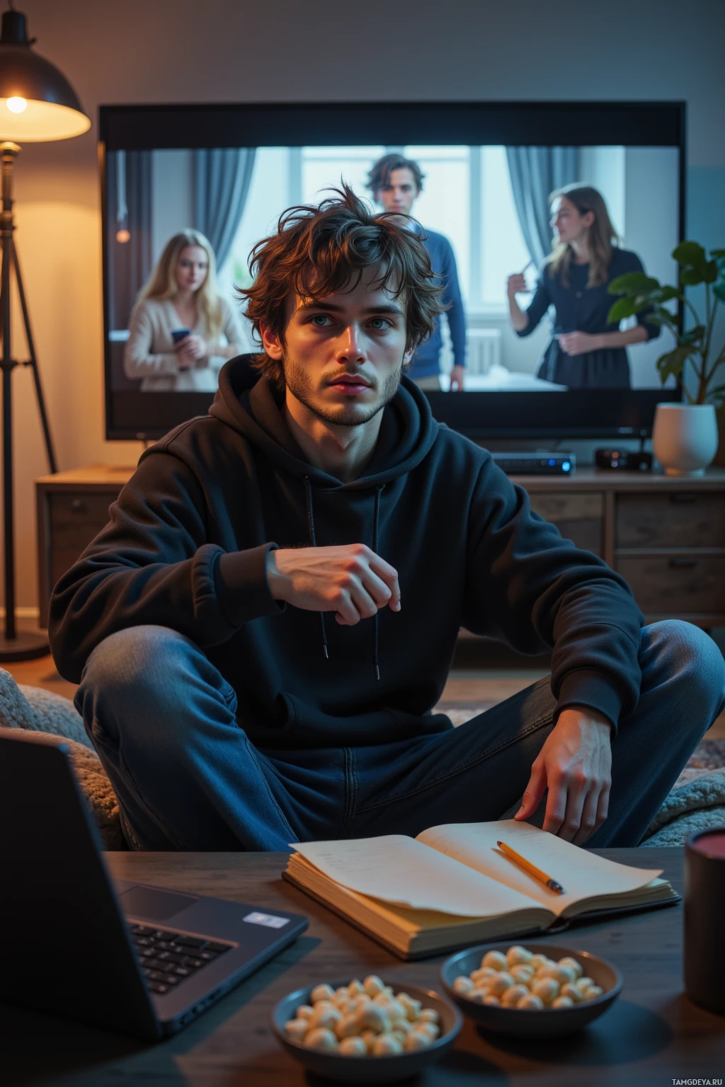 A person in a hoodie sits on a couch, with a laptop, notebook, and snacks on the table in front of them, while a TV screen shows a group of people.