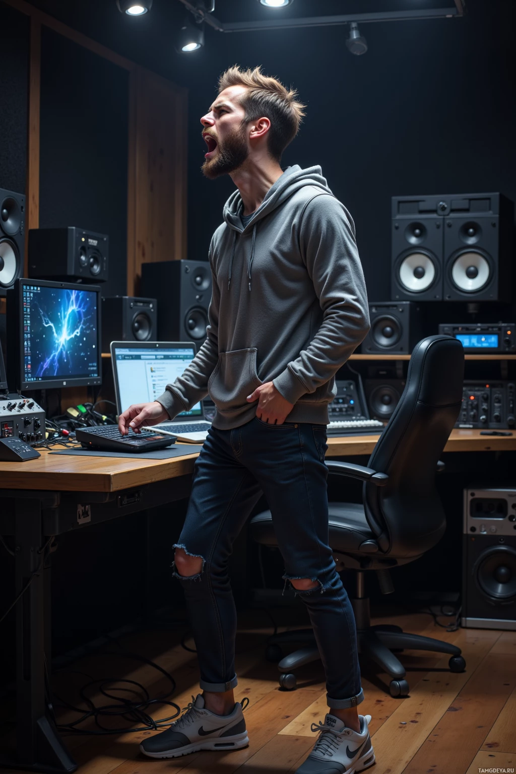 A man stands in a recording studio, wearing a hoodie and jeans, with a computer and audio equipment around him.