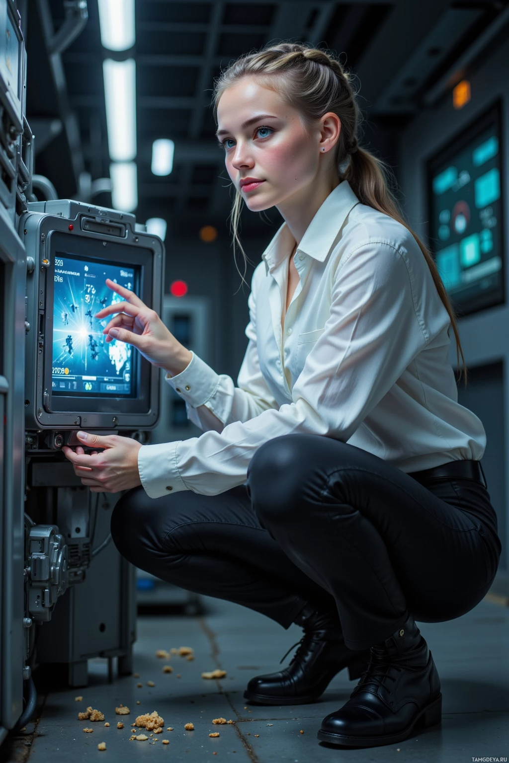 A woman in a white shirt and black pants is crouching and interacting with a control panel in a futuristic setting.