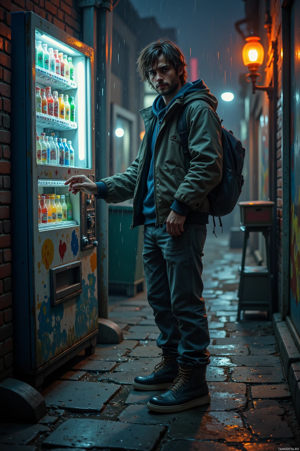 A person stands near a vending machine in a rainy alleyway.