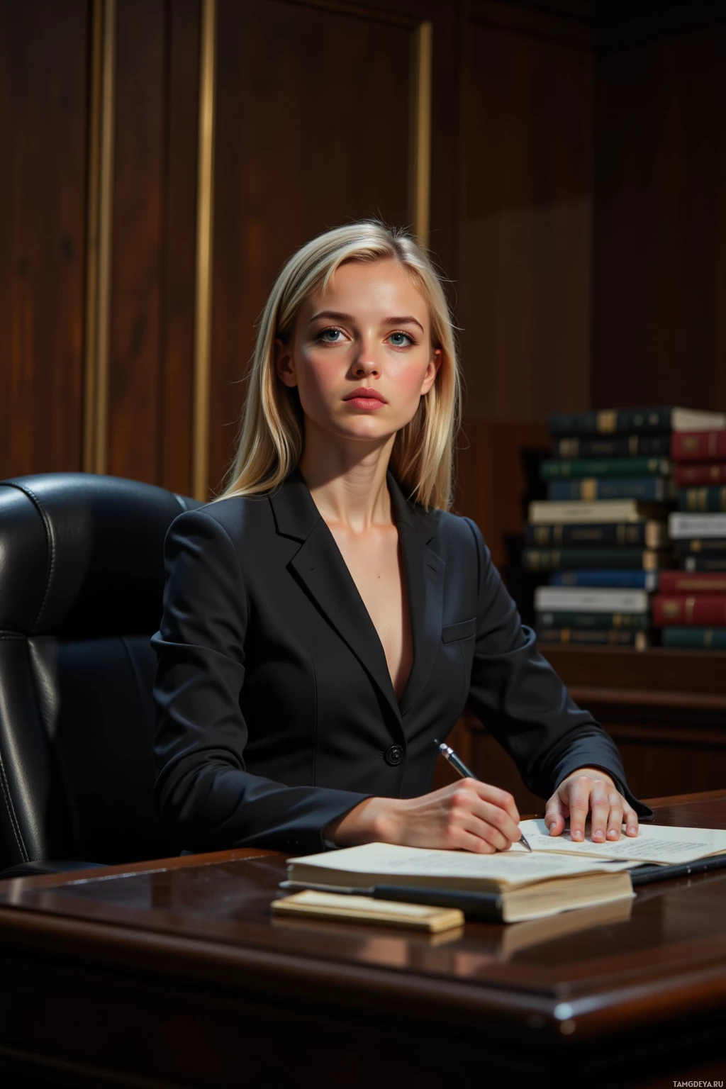 A woman in a professional setting, seated at a desk with books and a pen, wearing a dark blazer.