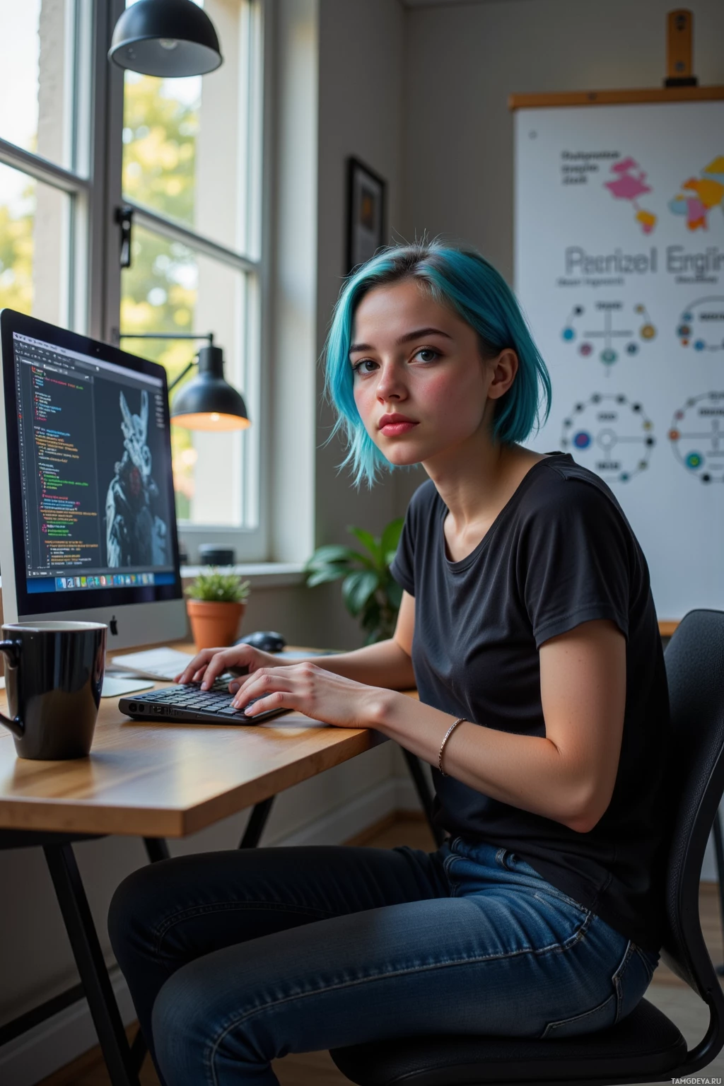 A person with blue hair sits at a desk, working on a computer.