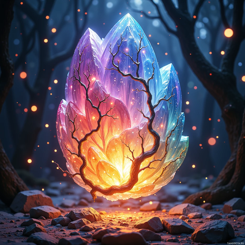 A glowing crystal with a tree branch emerging from it, set against a dark forest backdrop.