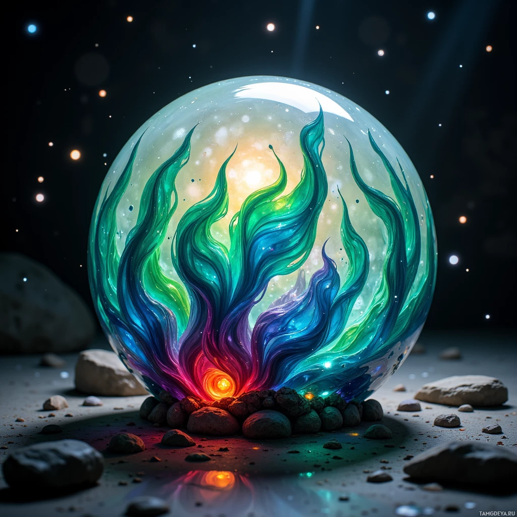 A glowing, colorful orb with flowing, vibrant tendrils sits atop rocks against a starry background.
