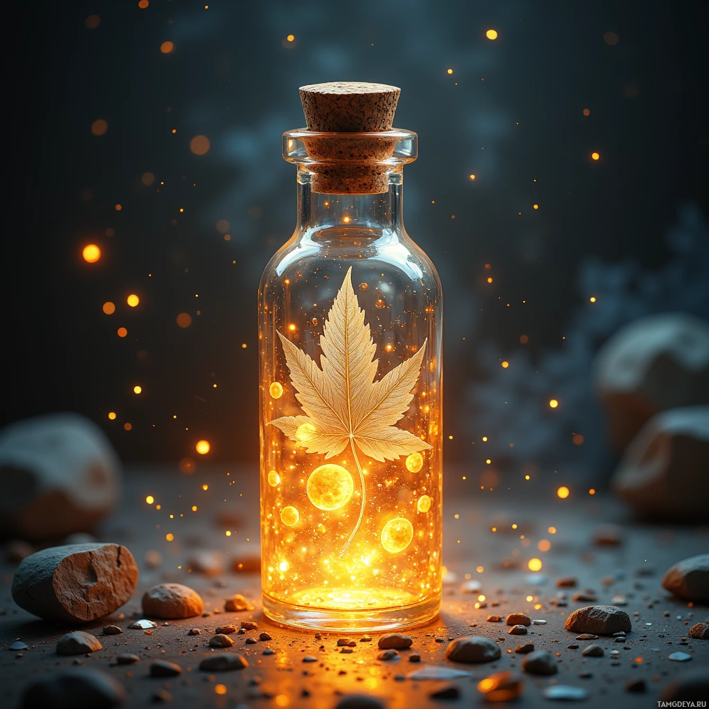 A glass bottle with a cork stopper, featuring a cannabis leaf design, is illuminated with glowing particles against a dark background.