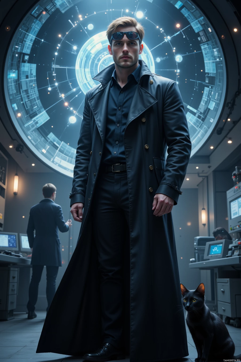 A man in a long black coat and sunglasses stands in a futuristic control room with a black cat nearby.