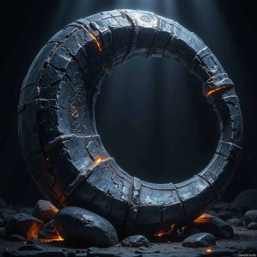 A cracked, glowing ring rests on rocky ground.