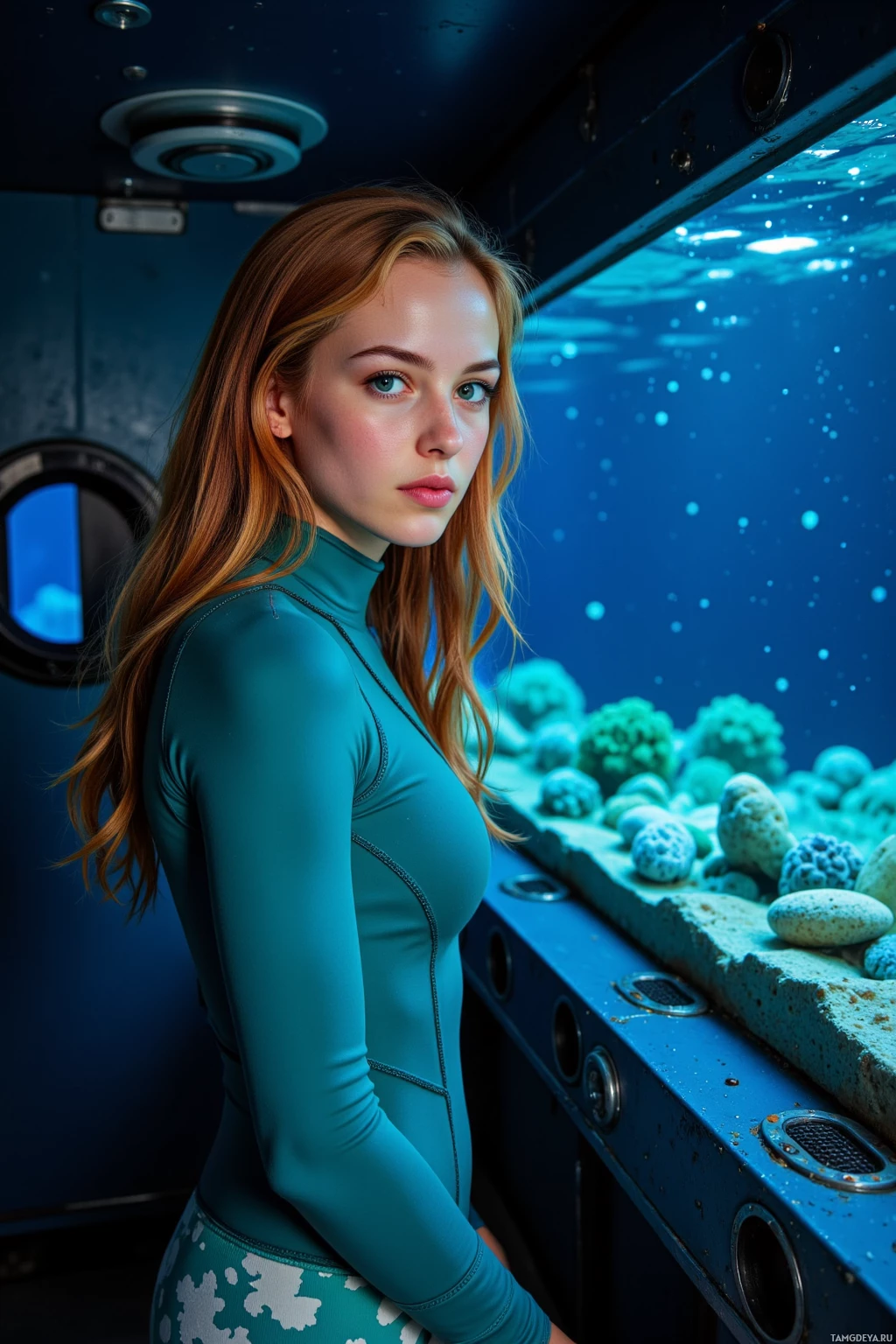 A person in a teal wetsuit stands inside an underwater vehicle with blue lighting and visible aquatic life outside.