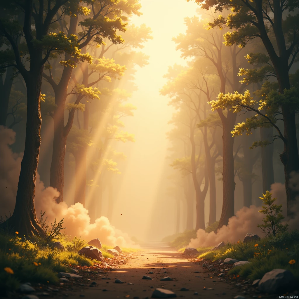 A serene forest path bathed in golden sunlight filtering through tall trees.