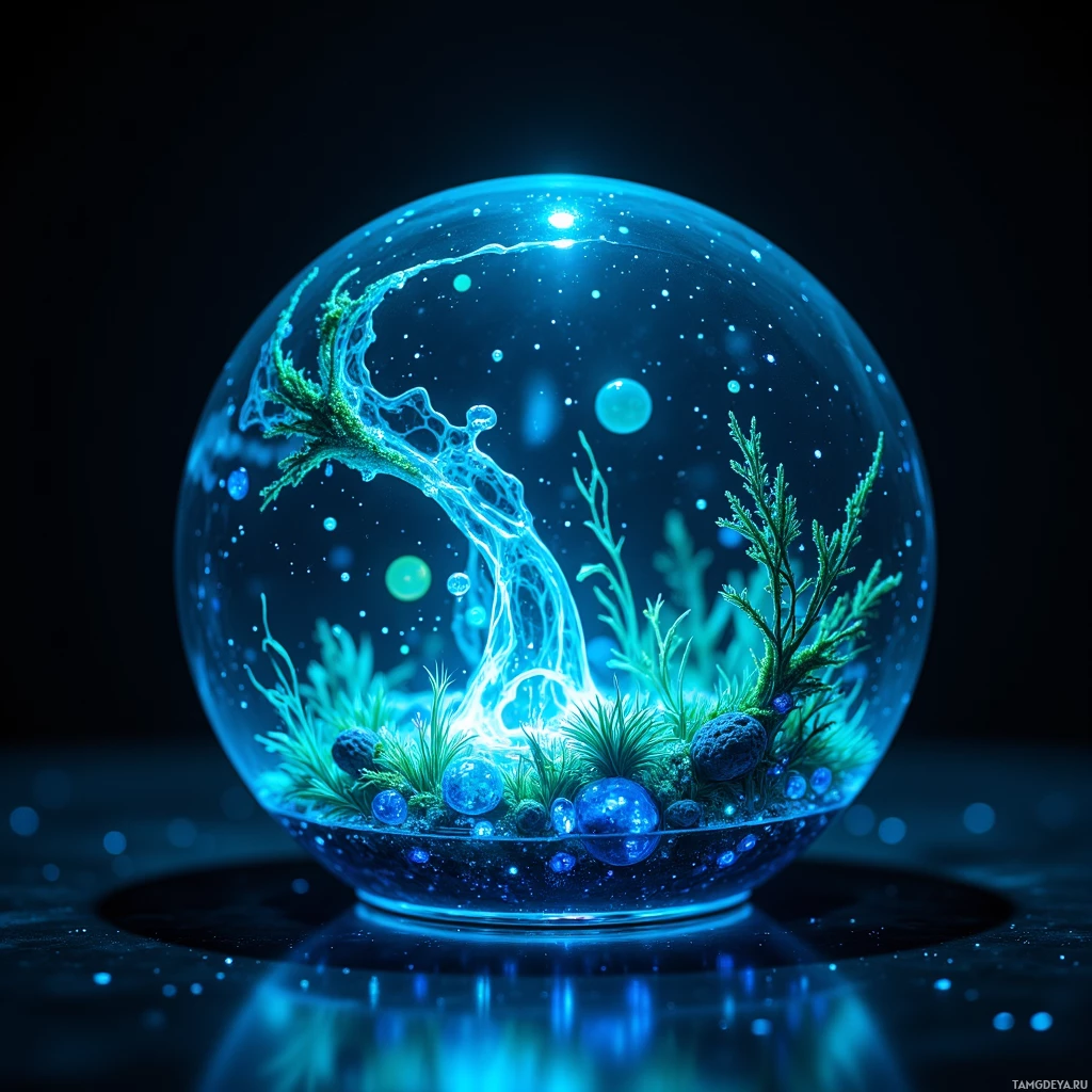 A glowing, spherical glass container filled with water, aquatic plants, and small bubbles, set against a dark background.