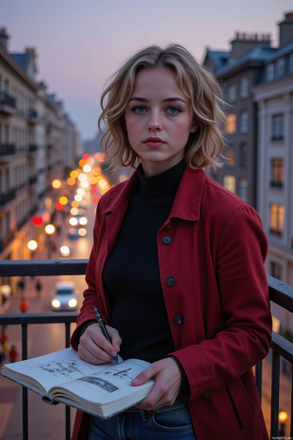 A person in a red coat is sketching in a notebook on a balcony at dusk.
