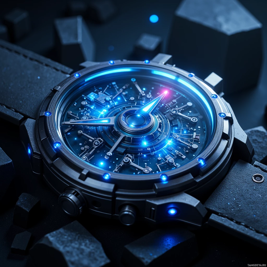 A futuristic wristwatch with glowing blue lights and intricate mechanical details.
