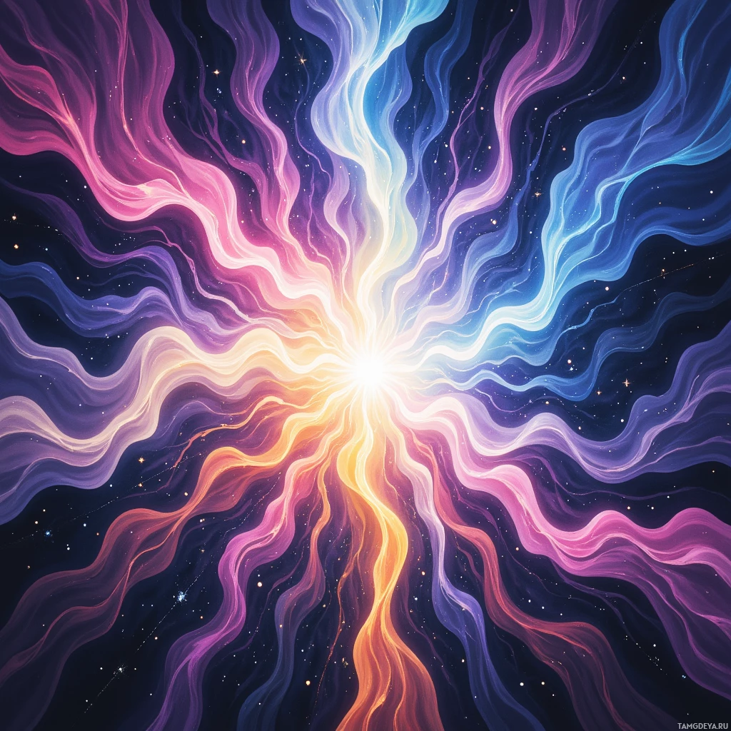 A vibrant cosmic explosion with swirling colors and star-like specks.