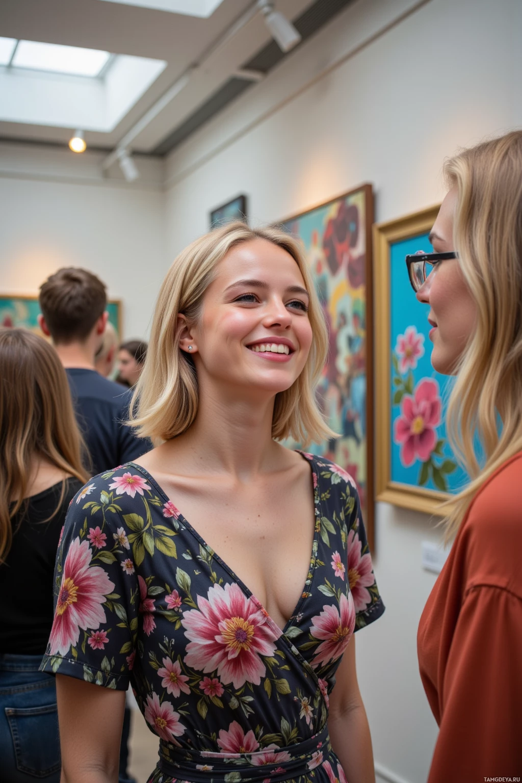 Two women are engaged in conversation in an art gallery.