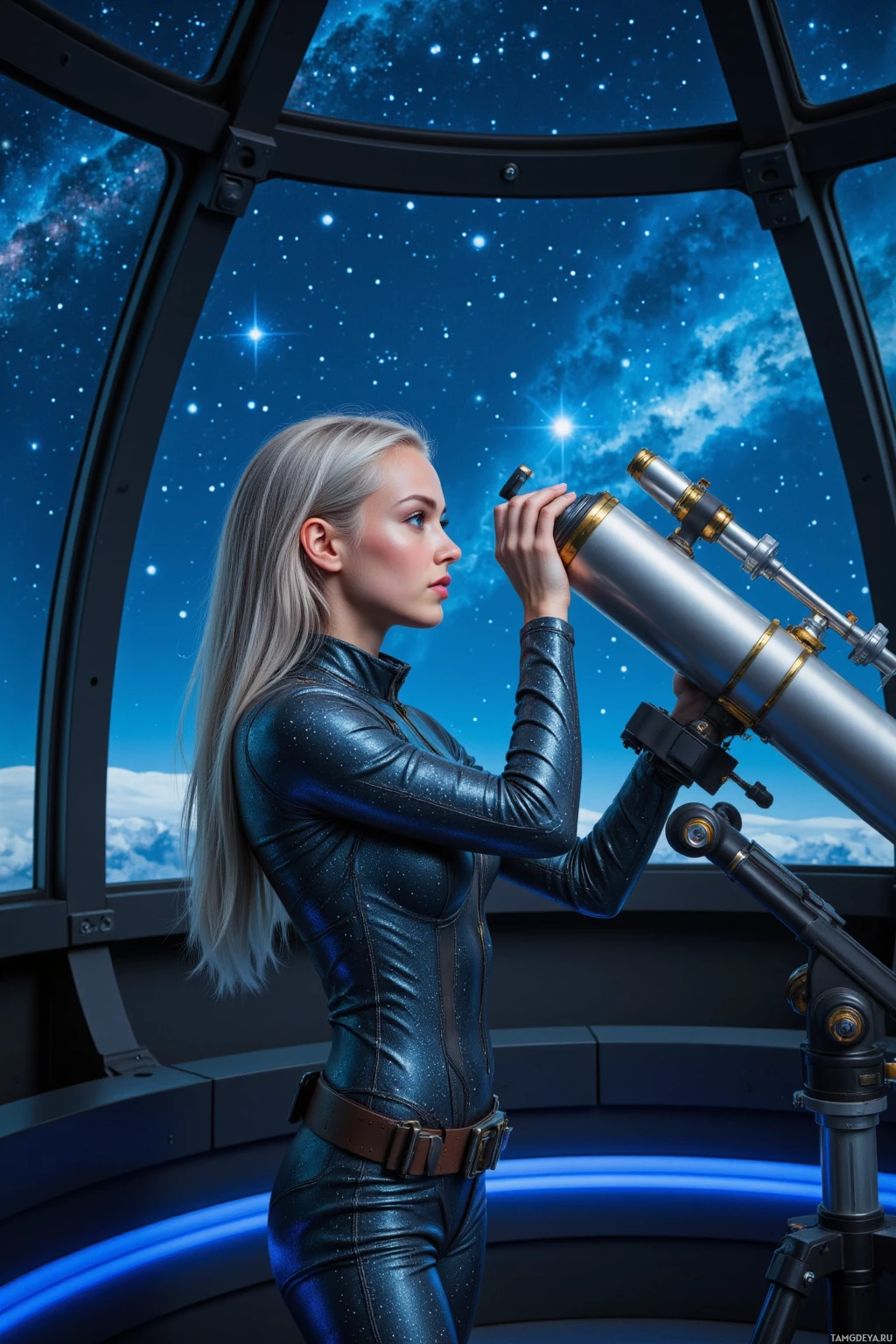 A person in a space-themed outfit is observing through a telescope inside a dome-like structure with a starry sky view.