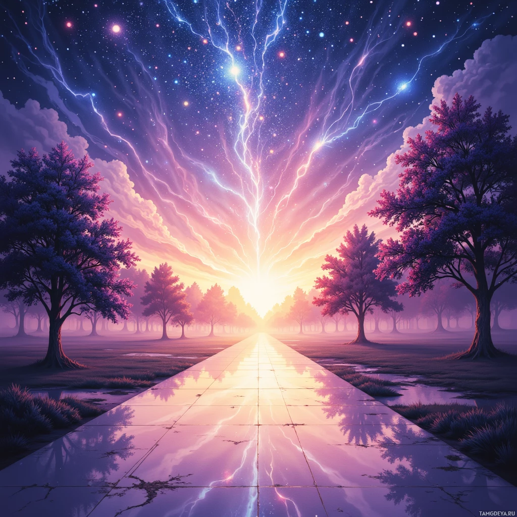 A serene pathway leads through a forest under a vibrant sky filled with stars and streaks of light.
