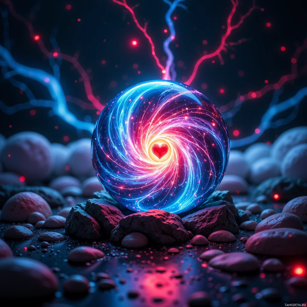 A glowing, swirling orb with a heart at its center sits atop rocks, surrounded by a dark, ethereal environment with glowing branches.