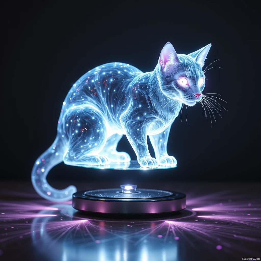 A glowing, ethereal cat sculpture with a reflective base.