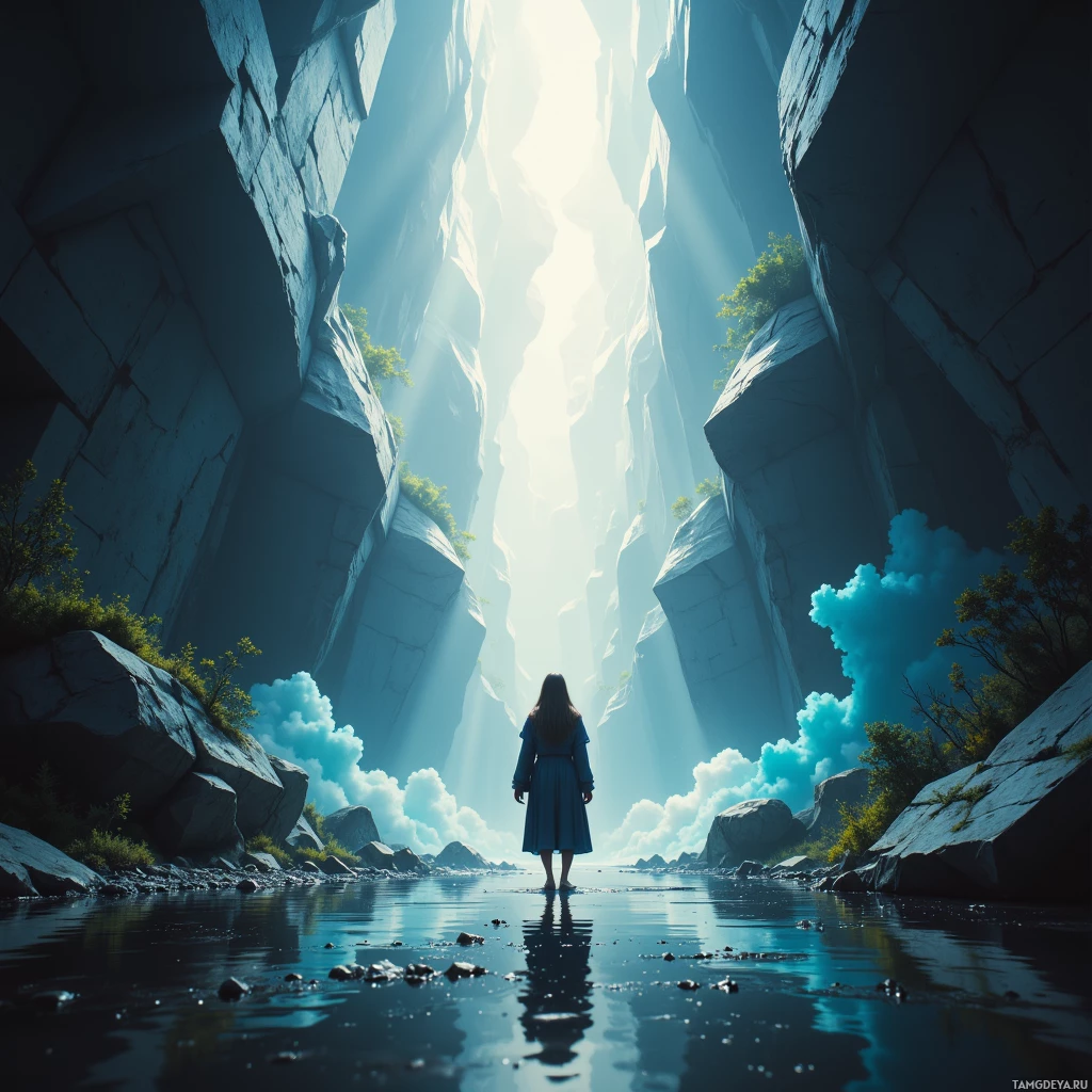A person stands at the edge of a serene body of water surrounded by towering rock formations under a bright sky with scattered clouds.