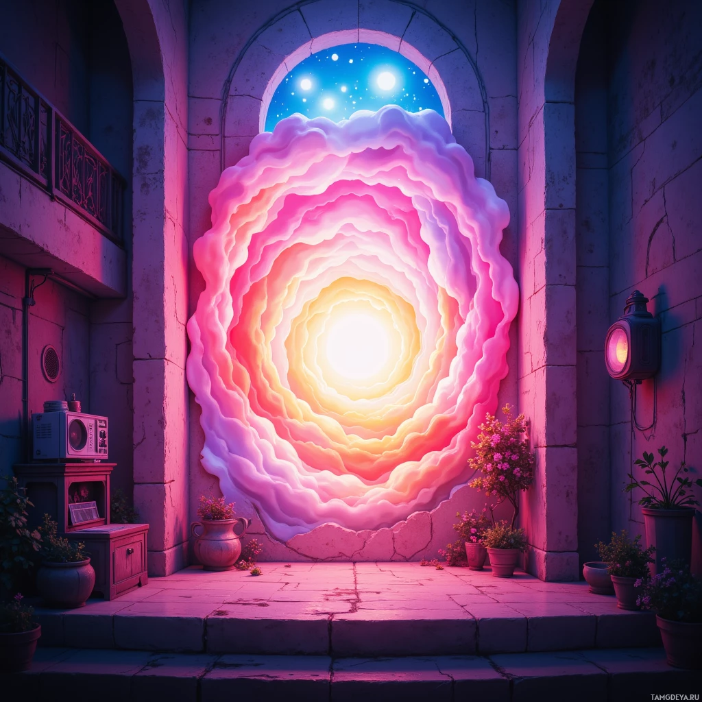 A surreal, colorful spiral portal in a stone courtyard with potted plants and a vintage radio.