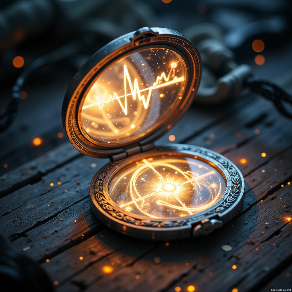 An open compass with glowing, abstract patterns inside rests on a dark, textured surface.
