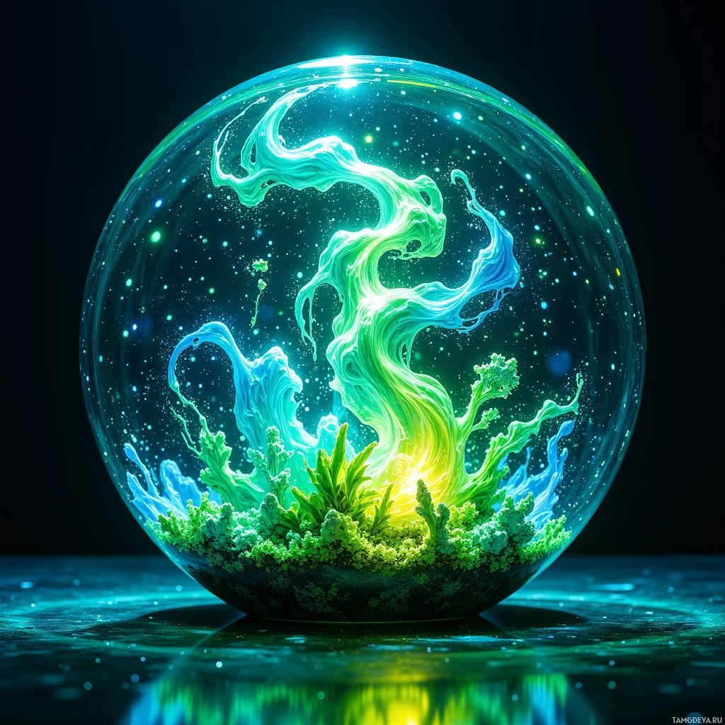 A glowing, colorful, spherical object with swirling patterns and a glowing core, resting on a reflective surface.