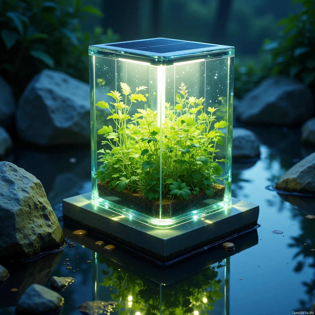 A glass enclosure with plants inside is illuminated by solar panels on top and placed near rocks in water.