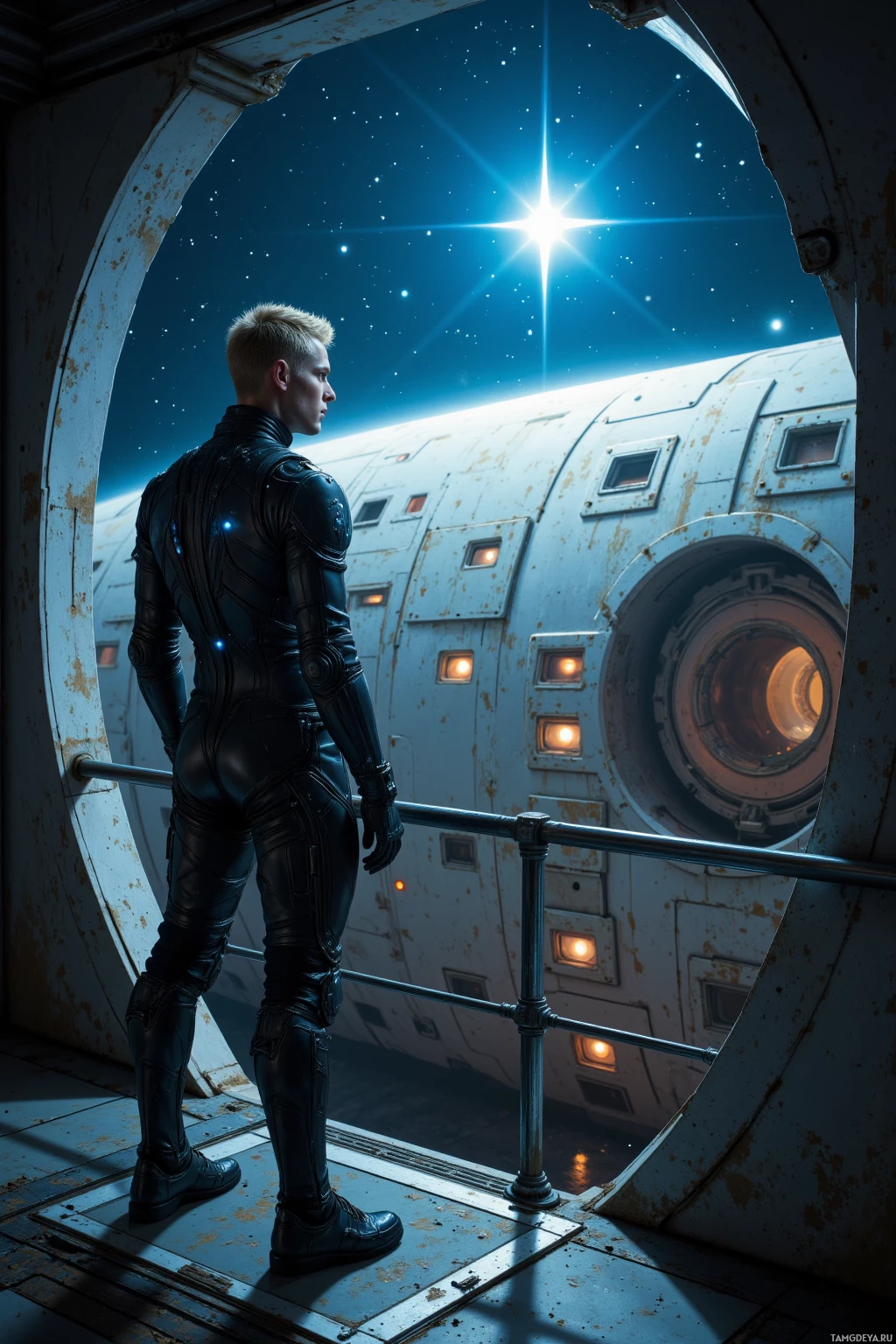 A person in a futuristic suit stands at a circular window, gazing out at a starry space scene.