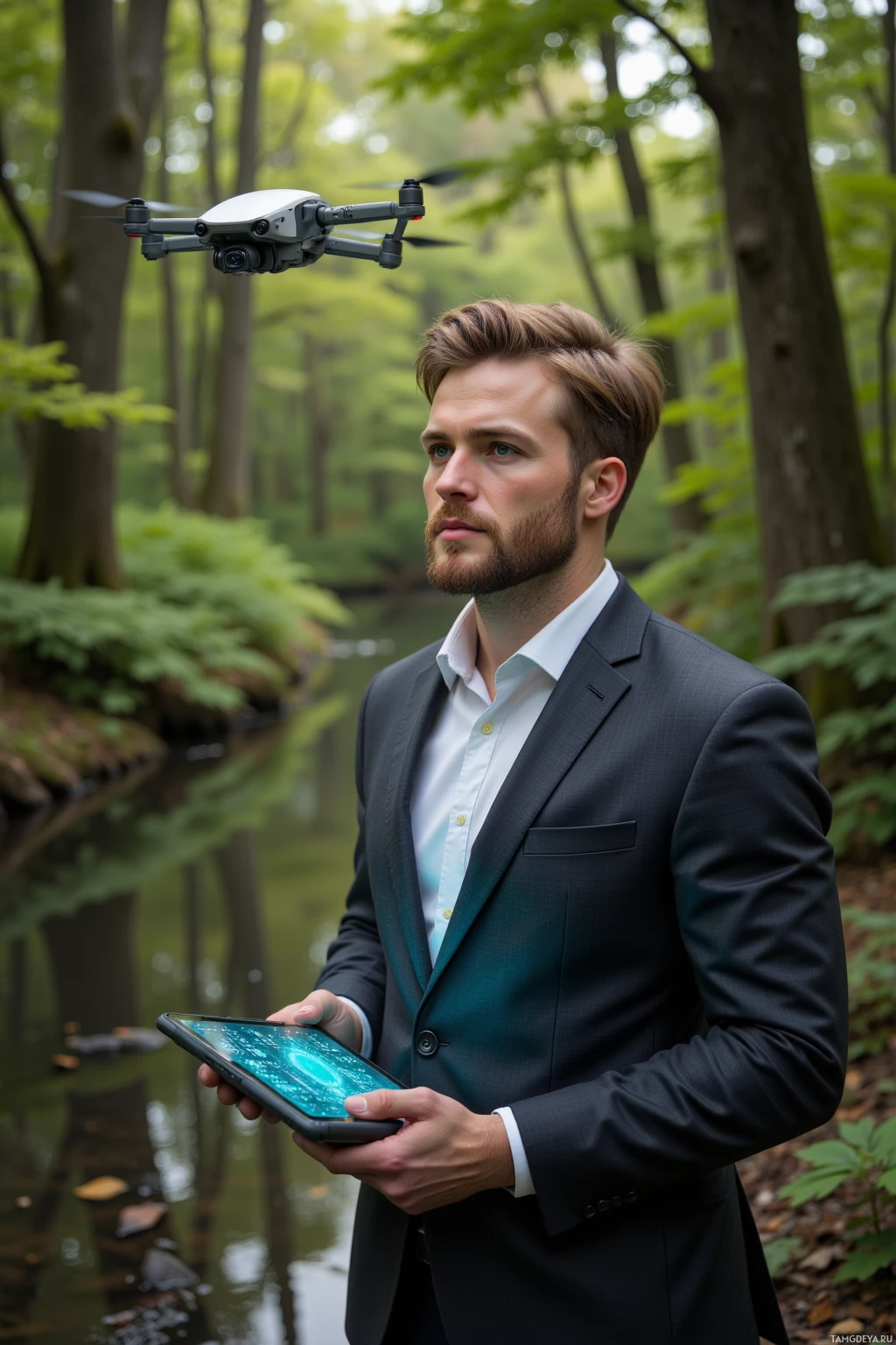 A person in a suit holds a tablet, with a drone hovering above in a forest setting.