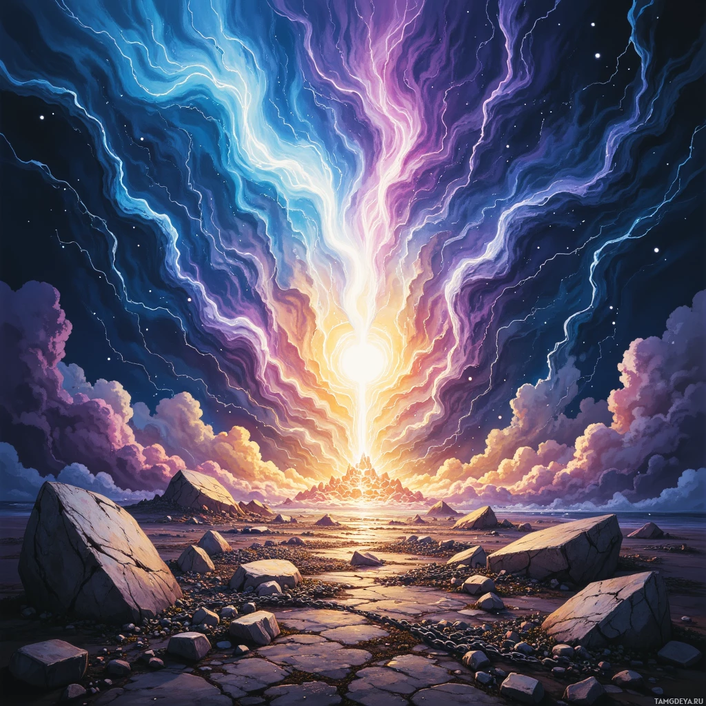A vibrant sky with swirling colors and lightning illuminates a rocky landscape below.