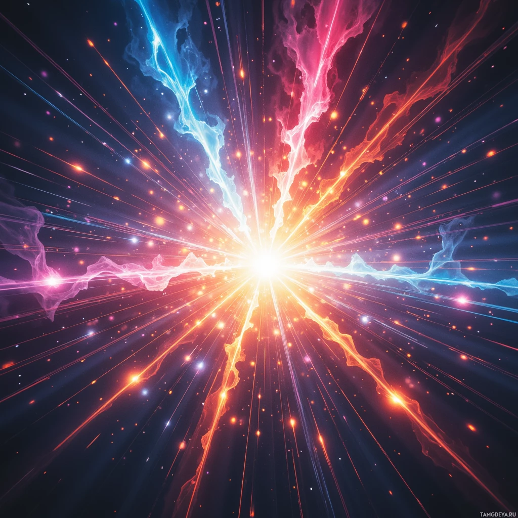 A vibrant cosmic explosion with radiant beams and swirling nebulae in blue, red, and orange hues.
