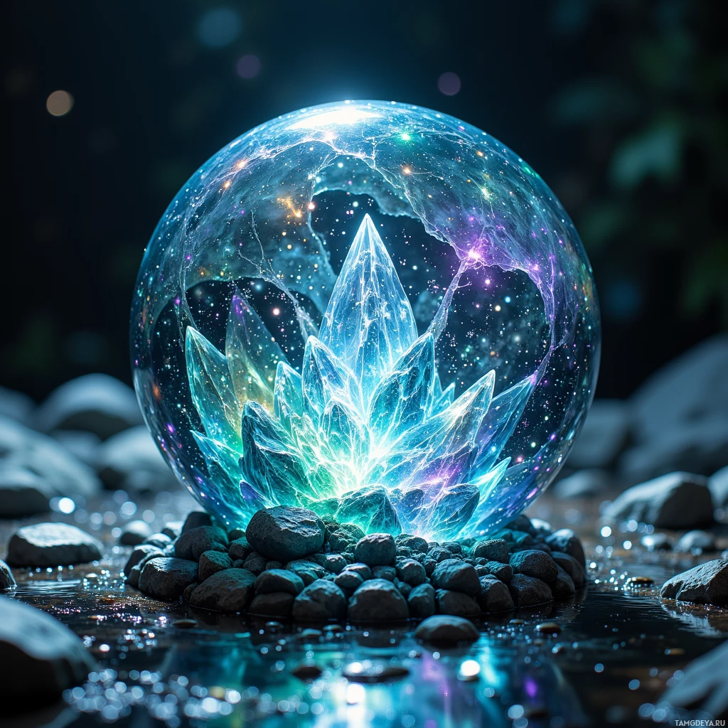 A glowing crystal sphere with a starry interior sits atop rocks by a stream.