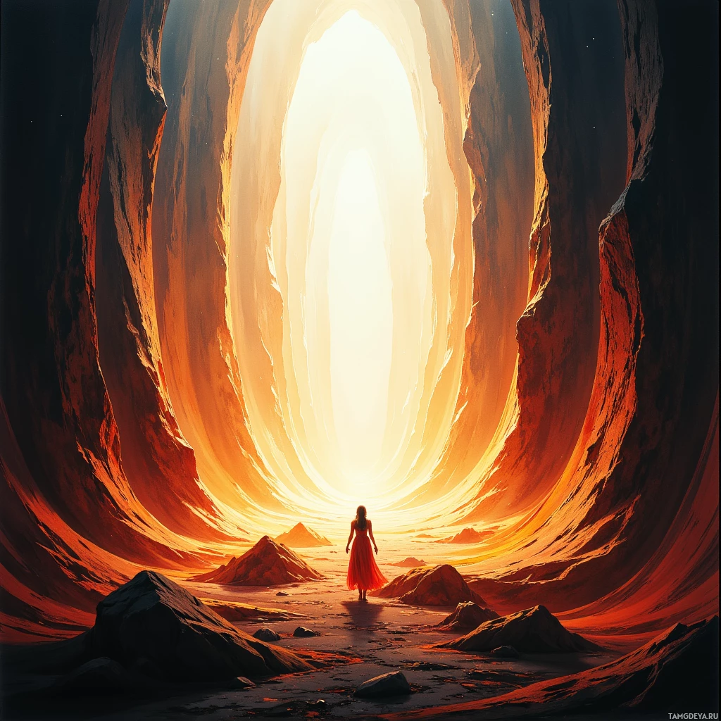 A lone figure in a red dress stands at the entrance of a vast, glowing cave.