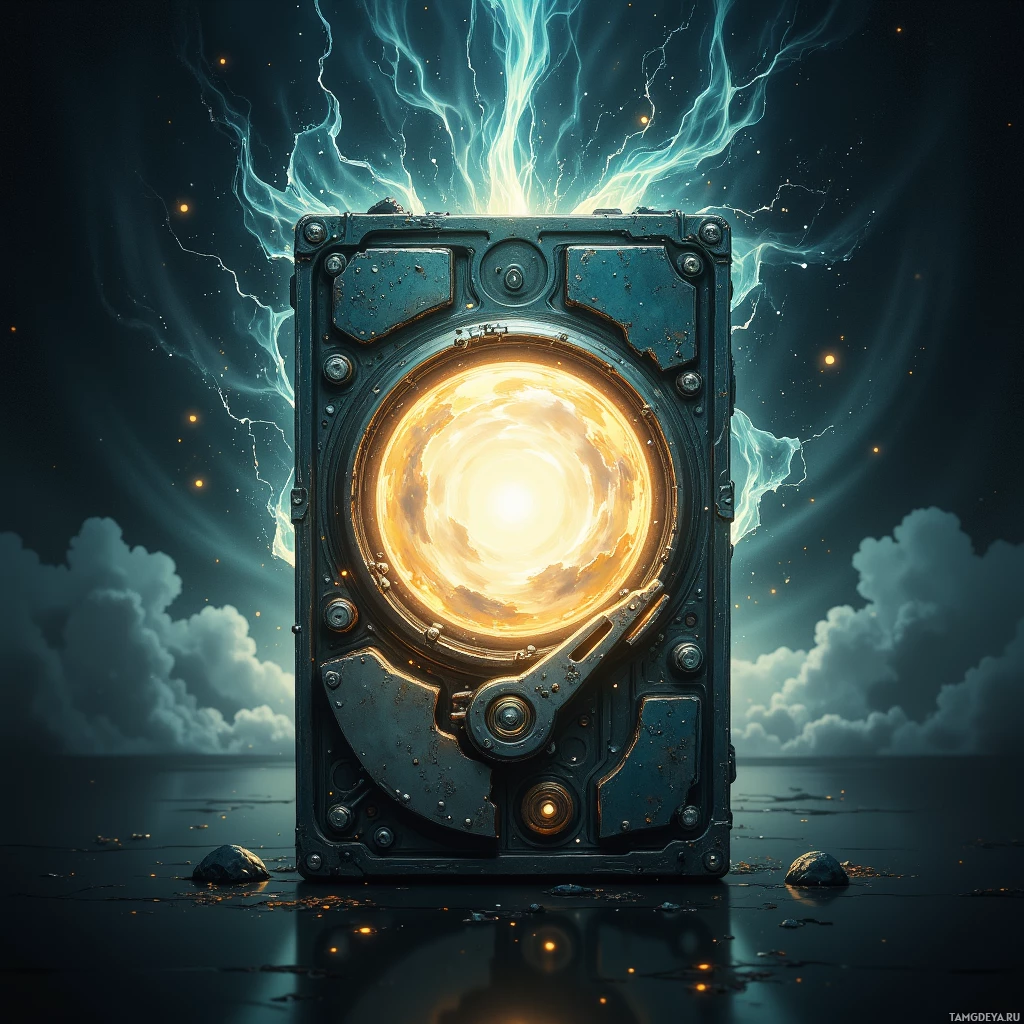 A glowing mechanical device with lightning effects in the background stands on water.