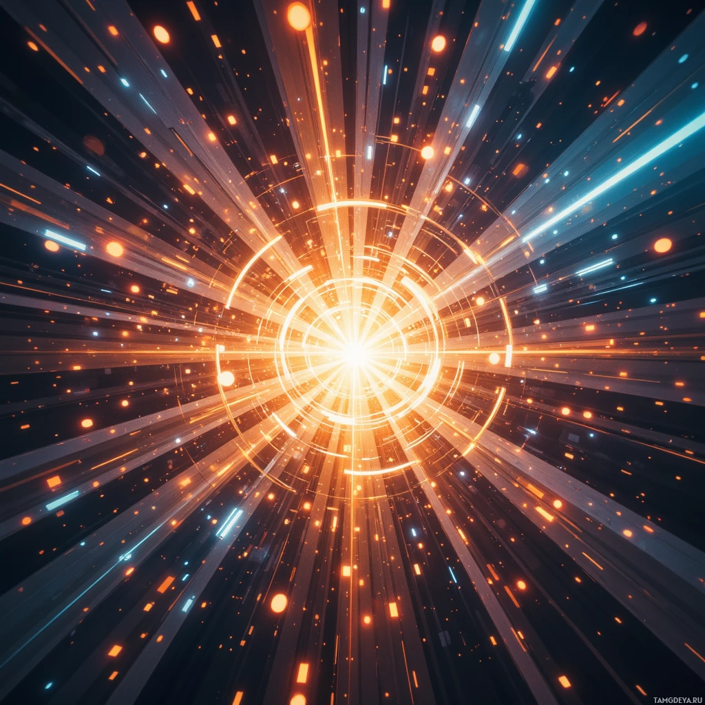 A vibrant, futuristic image featuring a central bright light with radiating beams and glowing particles.